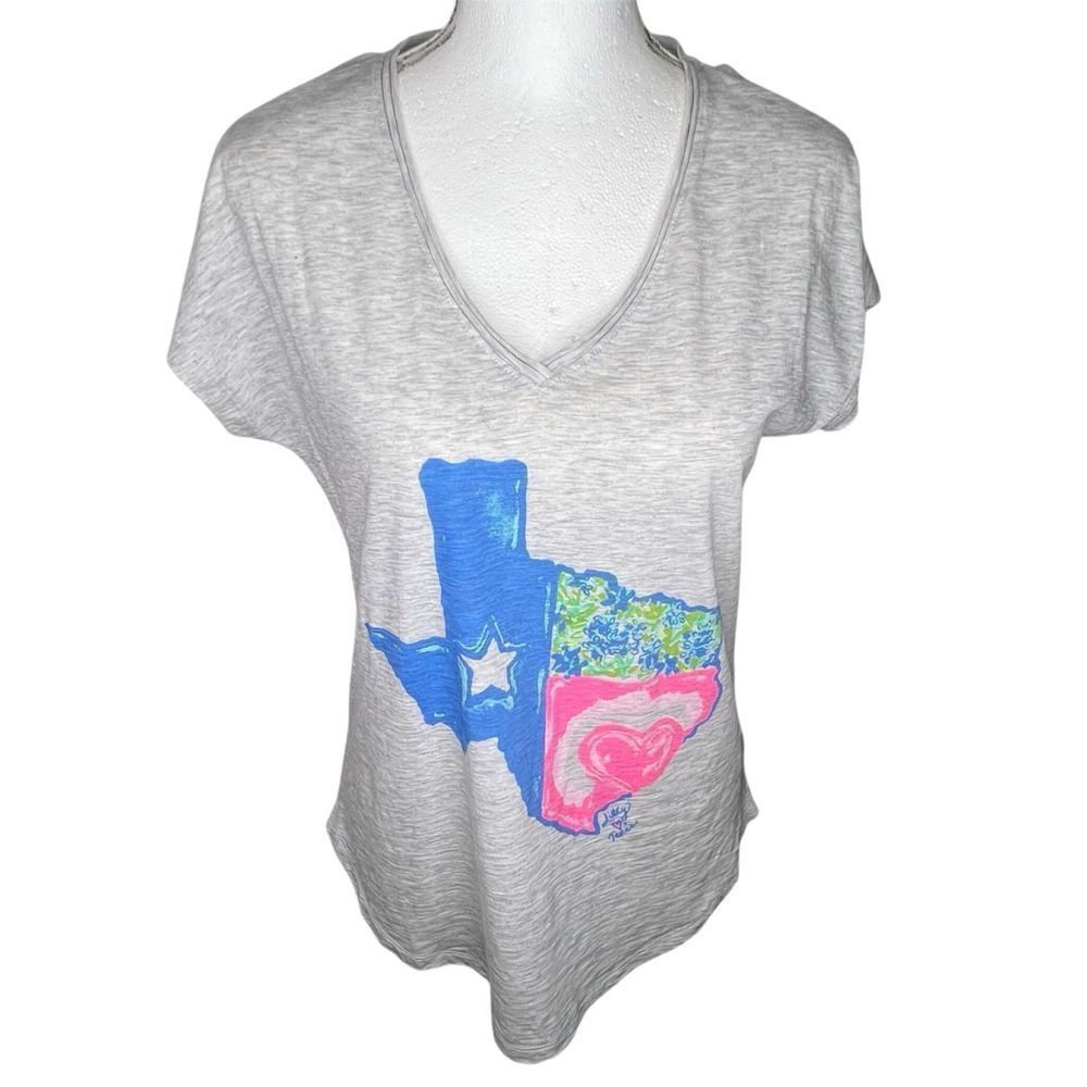 New Lilly Pulitzer Loves Texas Gray V-Neck Texas Graphic Women Casual Tee Sz XXS